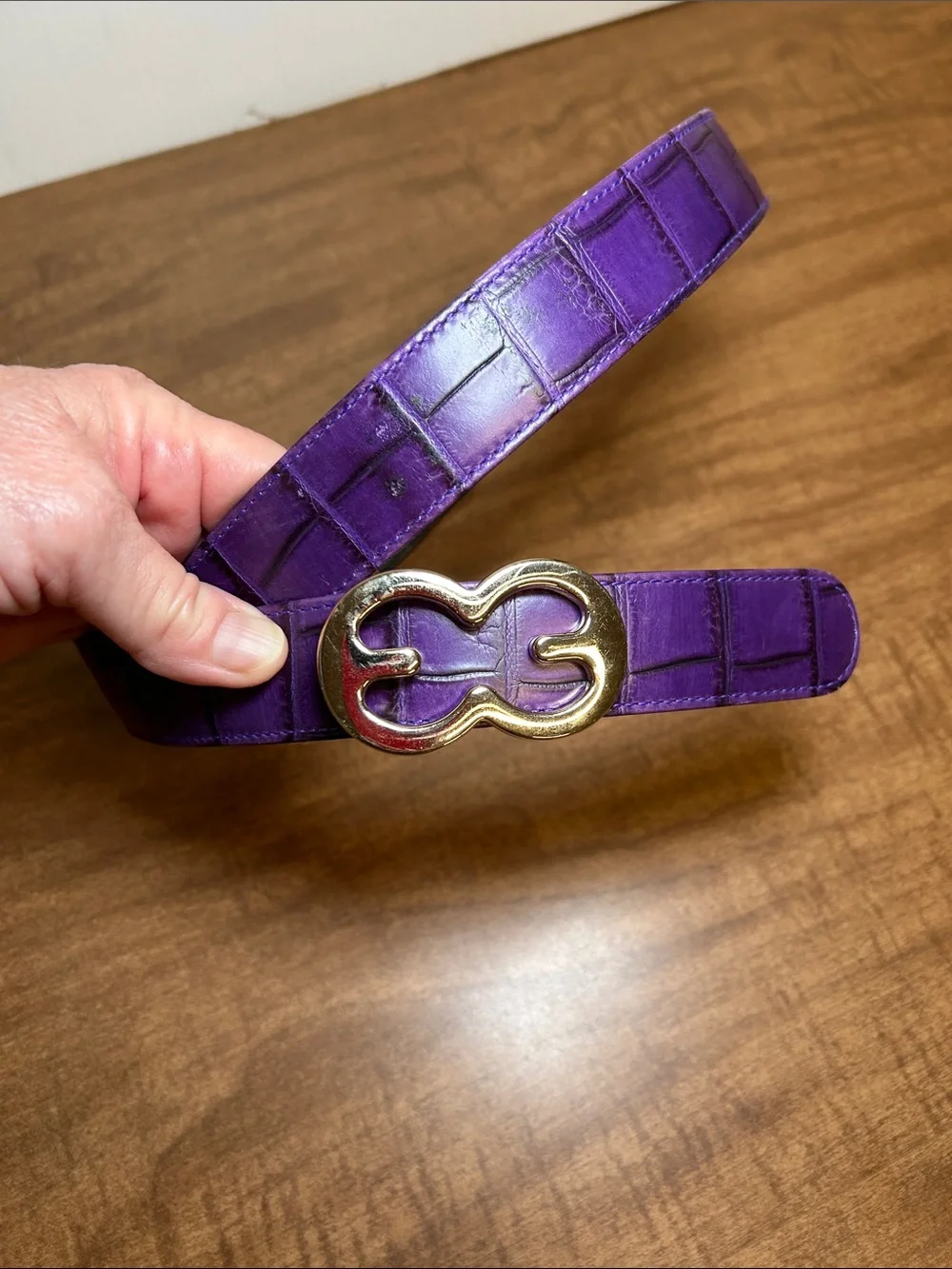 ESCADA Vintage Croc Leather Belt Purple Gold EE Logo Buckle Made in Italy 42 Z